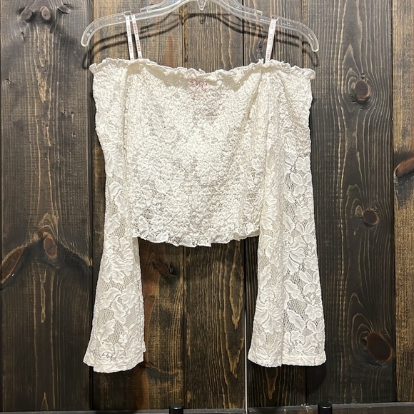 Guess Off Shoulder Lace Crop Top S Flare Bell Sleeves Festival Stretch Boho - Picture 5 of 8